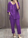 Cotton and Linen Sequined Round Neck Mid-sleeve Two-piece Suit