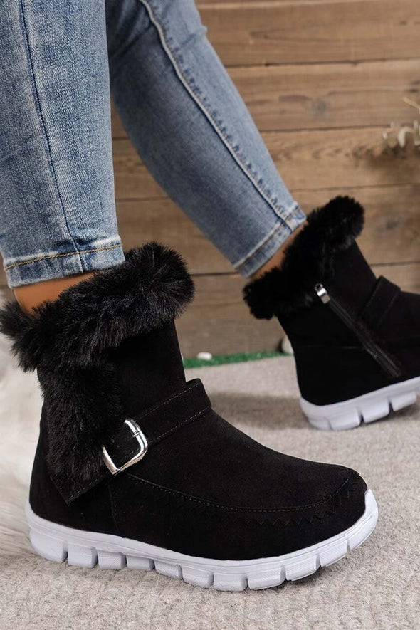 Women's round toe flat buckle side zipper thickened short boots