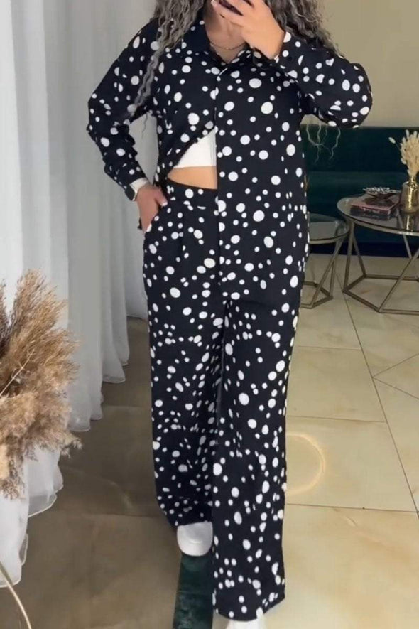 Women's Casual Polka Dot Print Long Sleeve Two Piece Set