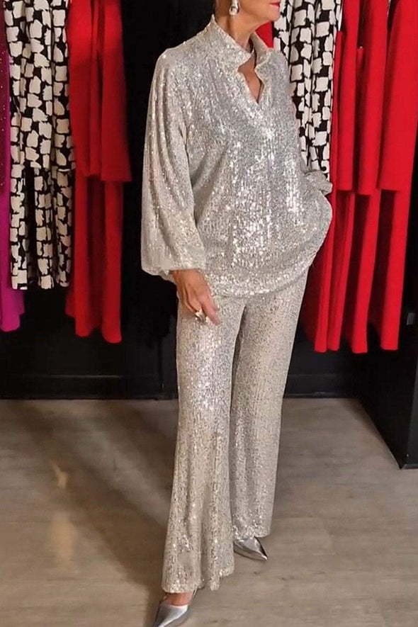 Women's Spring and Fall V-neck Top and Pants Sequined Suit