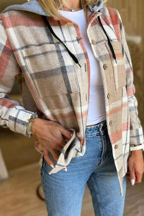 Casual Plaid Button-down Long-sleeve Hooded Shirt