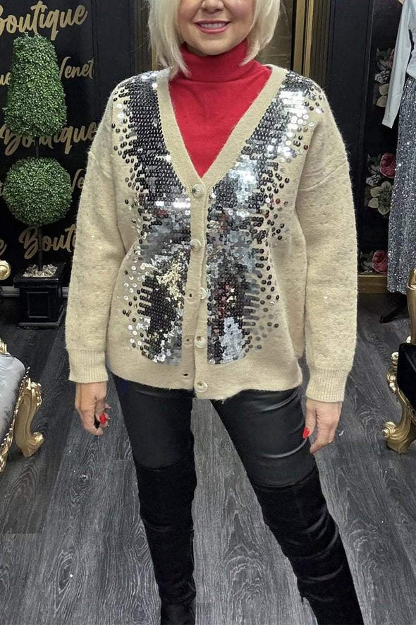 Women's Casual V-neck Sequined Knitted Cardigan