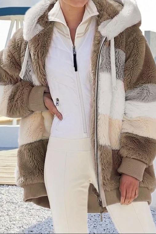 Women's Casual Warm Fur Contrast Hooded Jacket