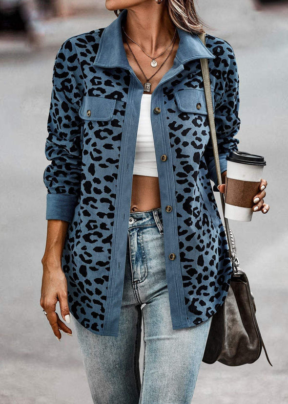 Women's Autumn and Winter Leopard Print Button Long Sleeve Jacket