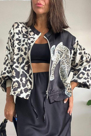 Women's Casual Round Neck Leopard Printed Zipper Jacket