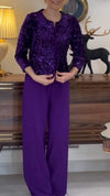 Women's Round Neck Elegant Solid Color Sequined Jacket Casual Suit