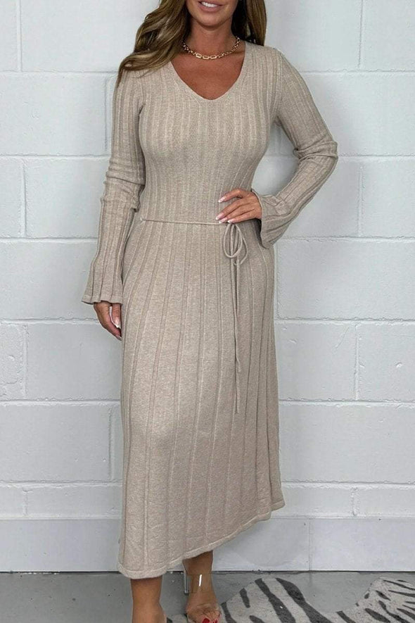 Women's Ribbed V-Neck Long Sleeve Tie Waist Knitted Maxi Dress