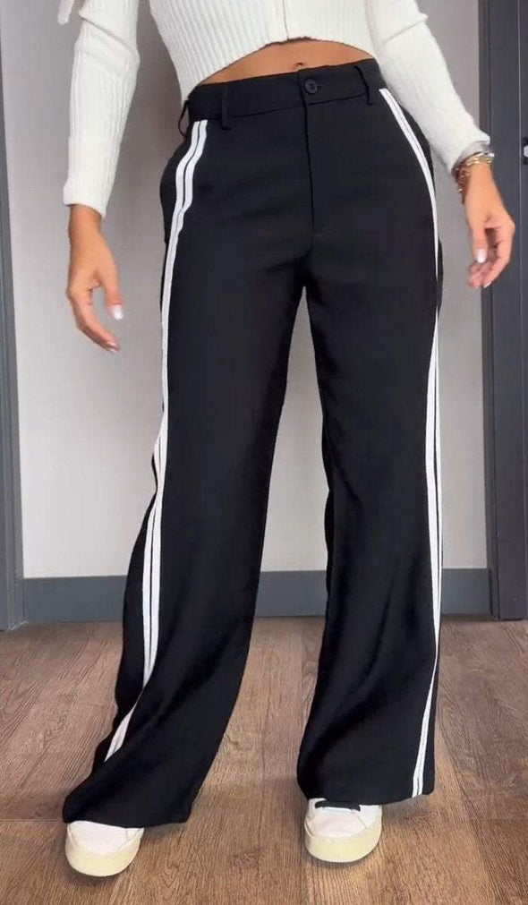 Women's Casual Buttoned Contrast Color Loose Straight Pants