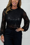 Women's Sequin & Pearl Cropped Scalloped Long Sleeve Mesh Top