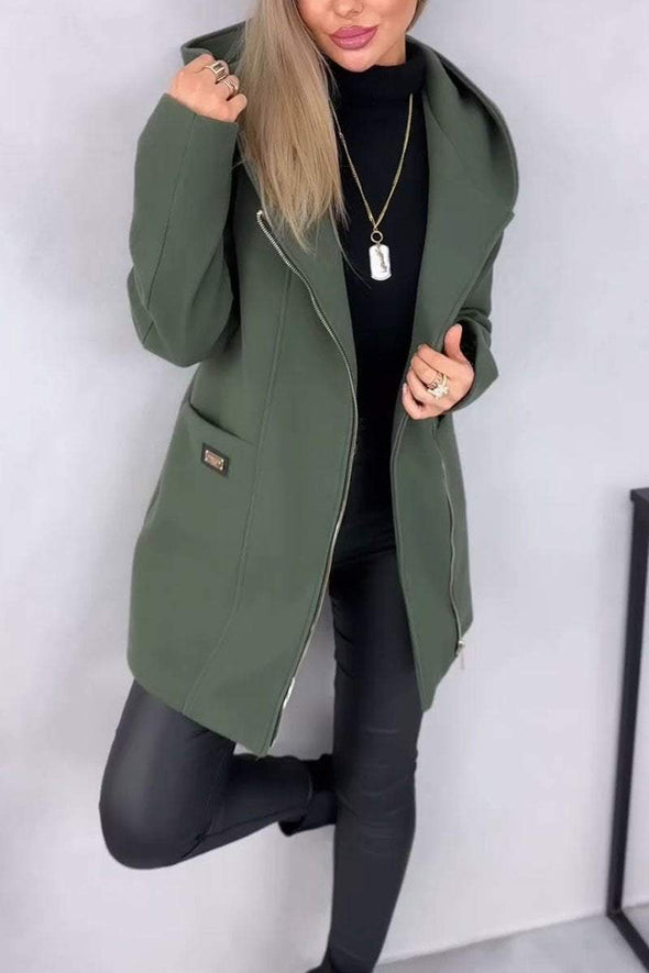 Women's Winter Design Solid Color Warm Zipper Hooded Coat