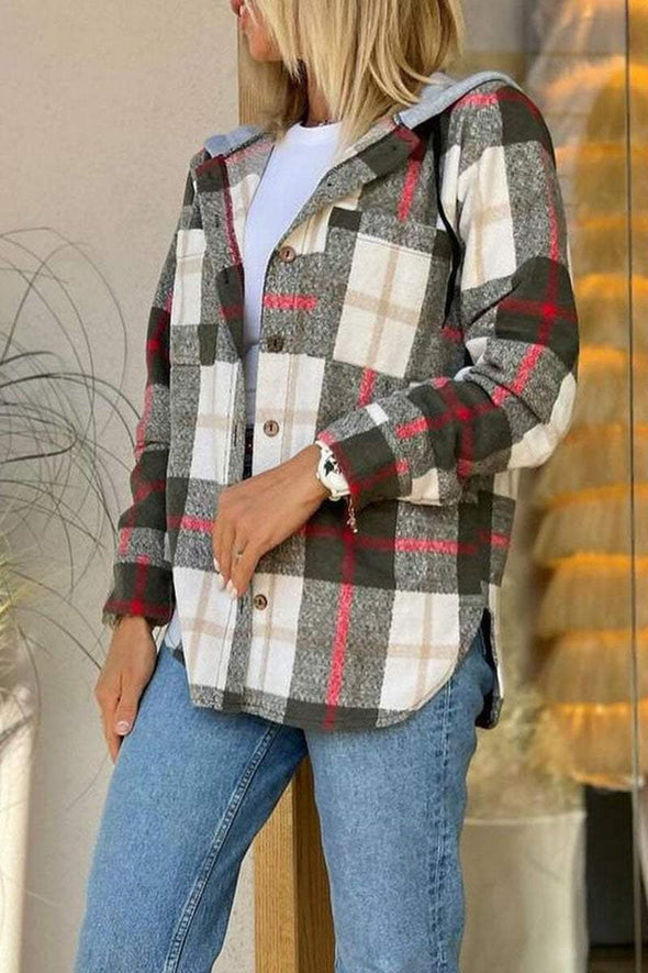 Casual Plaid Button-down Long-sleeve Hooded Shirt