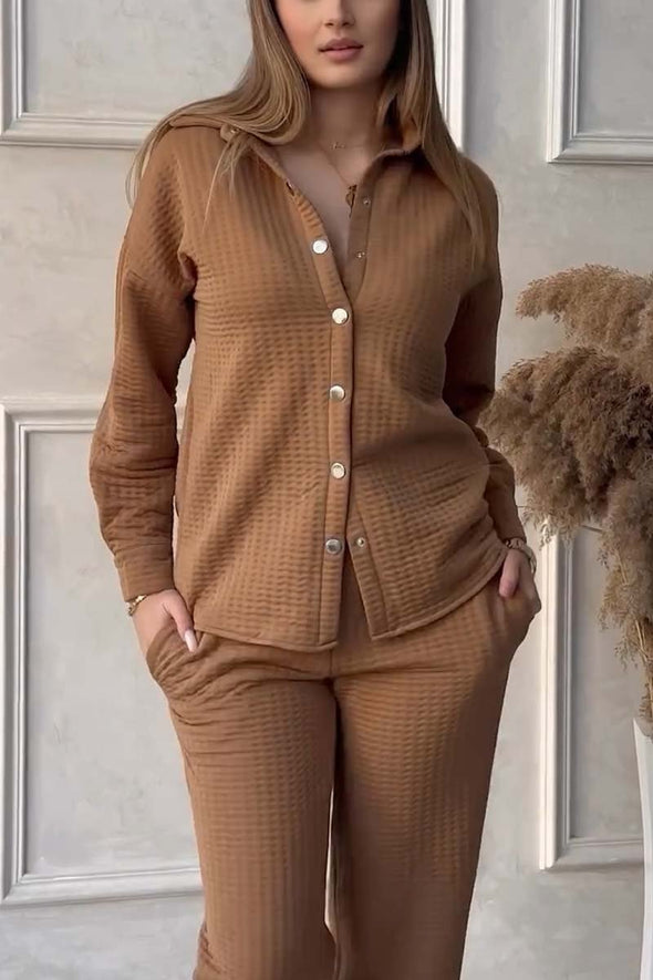 Women's Casual Solid Color Waffle Shirt Pants Suit