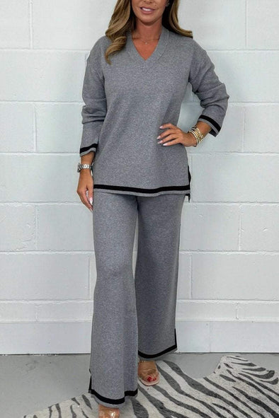 Women's V-Neck Soft Knit Border Edge Trouser Co-Ord Fashion Trends