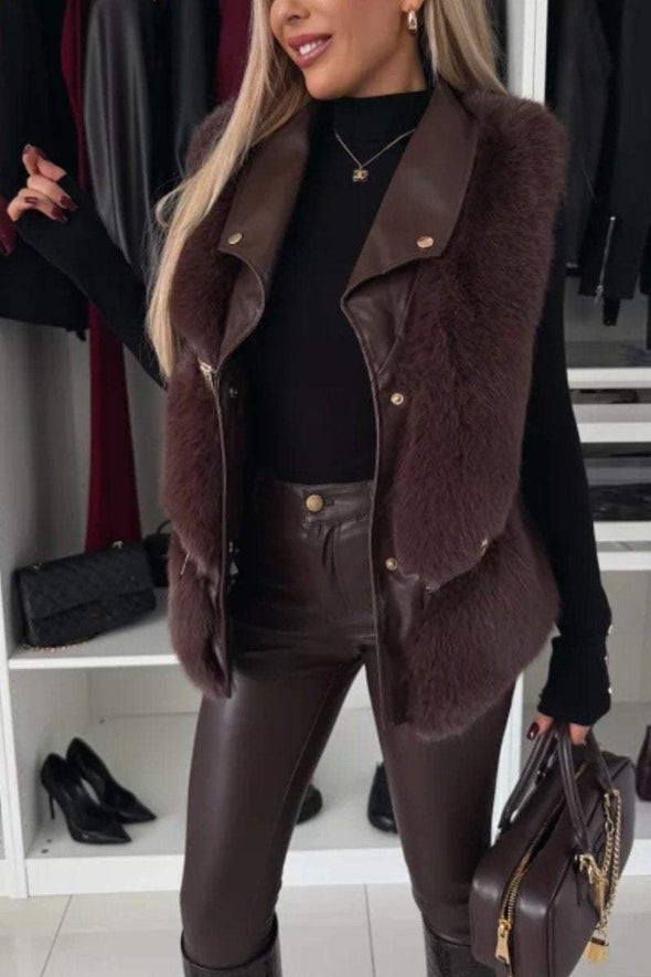 Women's Faux Fur Patchwork Leather Casual Vest Coat