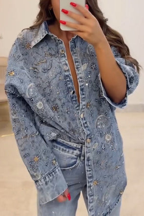 Women's Lapel Beaded Casual Denim Long Shirt