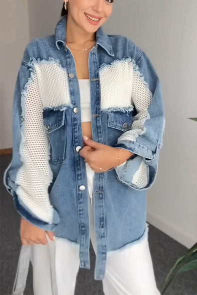 Women's Casual Denim Patchwork Wool Button Denim Jacket