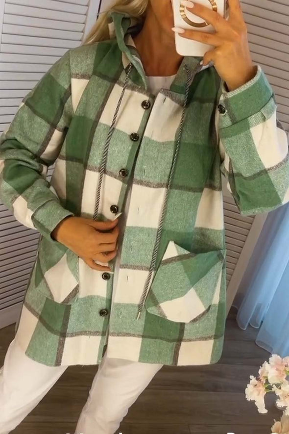 Women's Loose Plaid Color Block Hooded Jacket