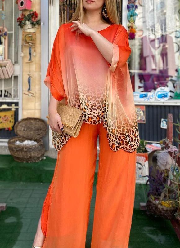 Leopard Print Chiffon Mid-sleeve Casual Two-piece Suit