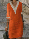 Solid Color V-neck Mid-sleeve Cotton and Linen Casual Dress