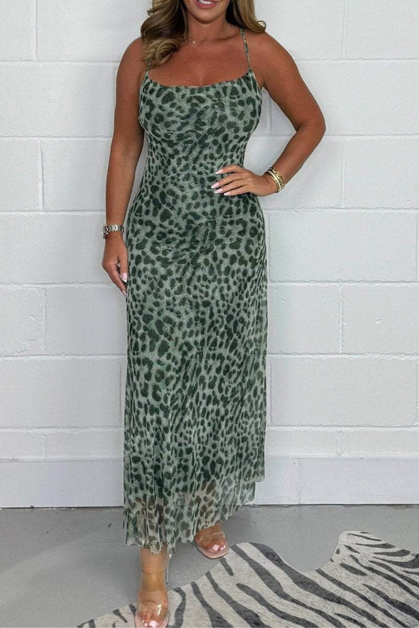 Women's Leopard Print Mesh Midi Dress