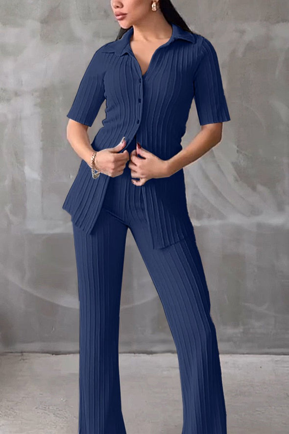 Women's casual lapel pit button shirt top & casual slim trousers