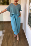 Women's Spring Casual V-Neck Hollow Top Loose Pleated Wide-Leg Pants Two-Piece Set