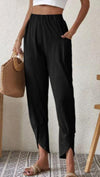 Solid color casual leg pants loose pocket cotton and linen leg pants