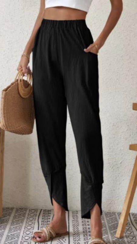 Solid color casual leg pants loose pocket cotton and linen leg pants