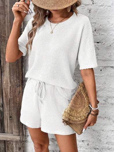 Women's Round Neck Waffle Short Sleeve Two Piece Suit