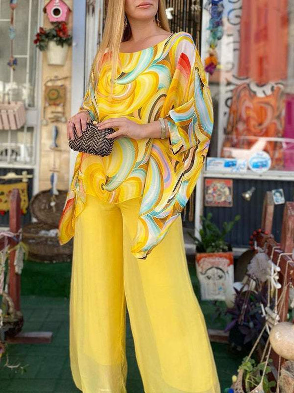 Women Colorful Chiffon Set Summer Casual Crew Neck Printed Two Piece Suit