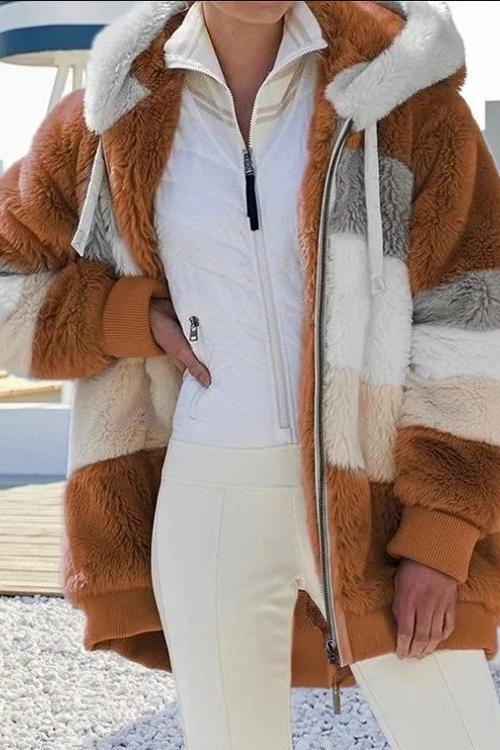 Women's Casual Warm Fur Contrast Hooded Jacket