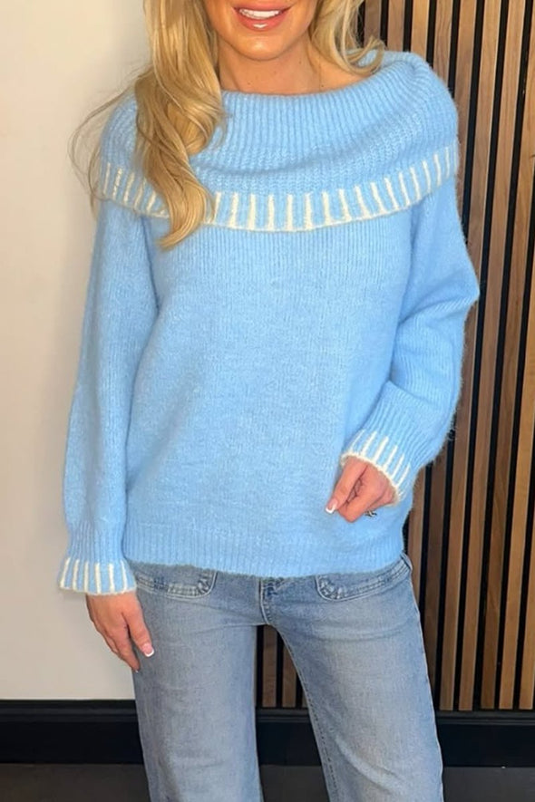 Women's Fashion Solid Color Boat Neck Contrast Edge Knitted Sweater