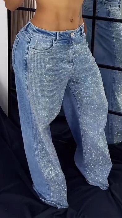 Women's Single-sided Rhinestone Wide-leg Casual Jeans