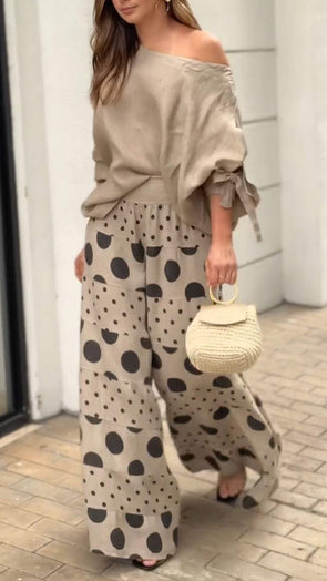 New Off-shoulder Bow Cuff Top Printed Wide Leg Pants Suit