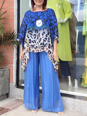 Women's Round Neck Leopard Print Chiffon Two-piece Suit