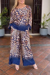 Women's Casual Round Neck Leopard Print Chiffon Two-piece Suit