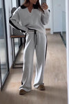 Women's Casual Contrast Color V-neck Top Wide-leg Pants Two-piece Set