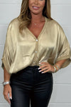 Women's Satin Diamante Button 3/4 Batwing Sleeve Top