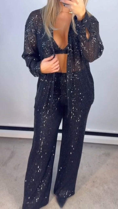 Women's Shiny Sequined Casual Three-piece Suit