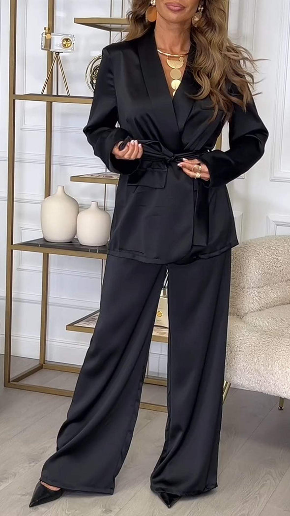 Women's Lapel Long Sleeve Satin Suit