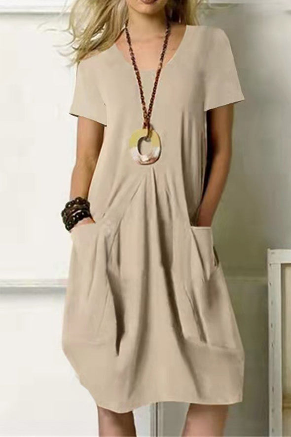 Cotton and Linen Solid Color Loose Short-sleeved Dress