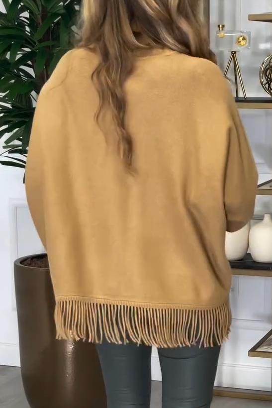 Women's casual high neck hem tassel pullover sweater