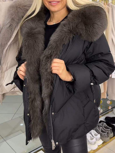 Women's Hooded Fur Patchwork Fashionable Cotton Coat