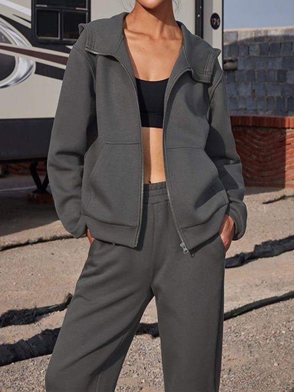 Women's solid color hooded long-sleeved ankle set sports two-piece set