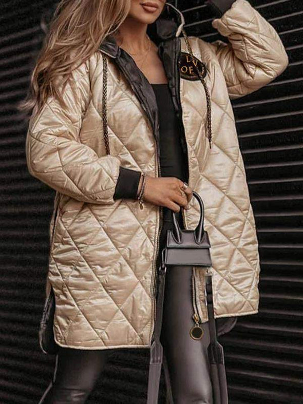 Women's Hooded Long-sleeved Diamond-patterned Casual Cotton Coat