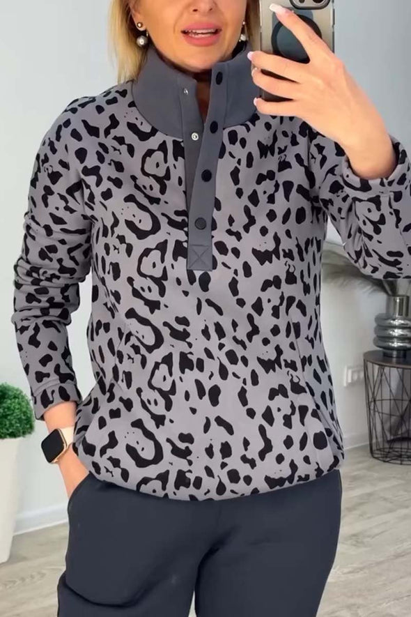 Women's casual leopard print half-button pullover sweatshirt