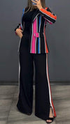 Women's Lapel Long Sleeve Contrast Striped Casual Suit