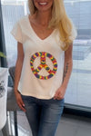 Women's Casual Solid V-Neck Peace Sign Print Top