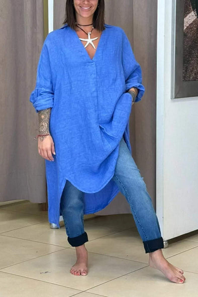 Women's Casual Solid Color V-neck Irregular Hem Long Shirt