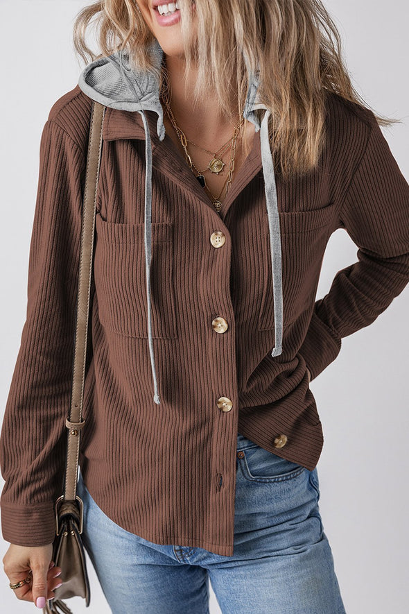 Ladies Lapel Buttoned Cardigan Hooded Drawstring Striped Jacket